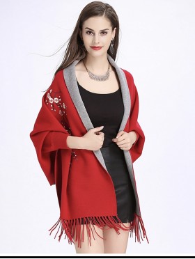 Cashmere Feeling Floral Embroidery Cape W/Sleeves